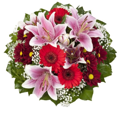 Dominik Blumen und Pflanzen, Blumenstrauß "Charlotte" mit rosa Lilien, Chrysantheme, Gerbera und Schleierkraut von Dominik Blumen und Pflanzen