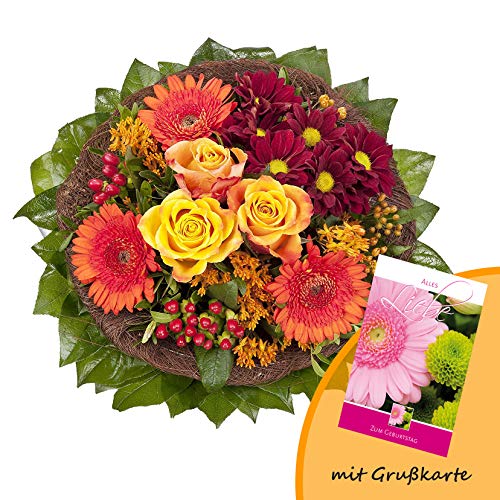 Dominik Blumen und Pflanzen, Blumenstrauß "Füllhorn" mit orangen Rosen und Germini und Grußkarte "Geburtstag" von Rapido