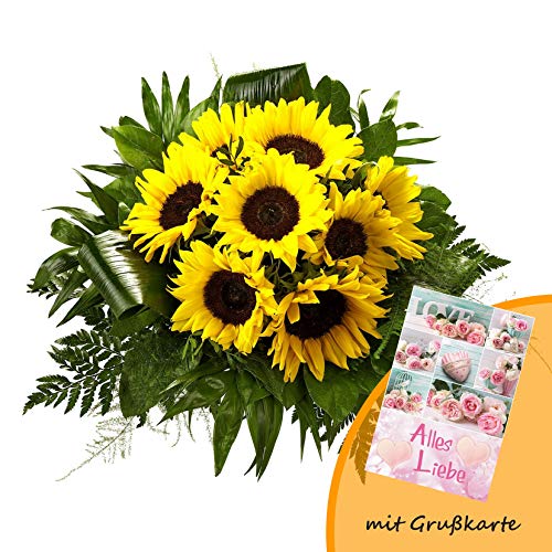 Dominik Blumen und Pflanzen, Blumenstrauß "Flower Power" mit 8 Sonnenblumen und Grußkarte "Alles Liebe" von Dominik Blumen und Pflanzen