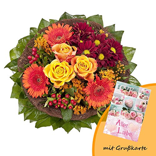 Dominik Blumen und Pflanzen, Blumenstrauß "Füllhorn" mit orangen Rosen und Germini und Grußkarte "Alles Liebe" von Dominik Blumen und Pflanzen