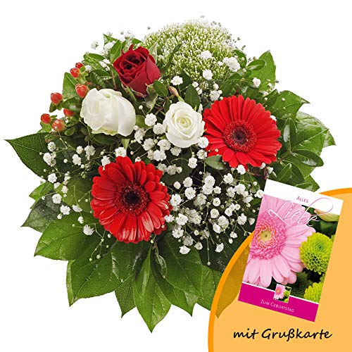 Dominik Blumen und Pflanzen, Blumenstrauß "Gruß von Herzen" mit Rosen, Gerbera und Johanniskraut und Grußkarte "Geburtstag" von Dominik Blumen und Pflanzen