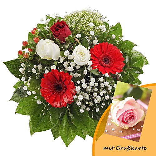 Dominik Blumen und Pflanzen, Blumenstrauß "Gruß von Herzen" mit Rosen, Gerbera und Johanniskraut und Grußkarte "Rosen" von Dominik Blumen und Pflanzen