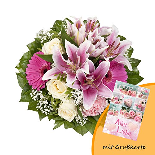 Dominik Blumen und Pflanzen, Blumenstrauß "Laura" mit rosa Lilien, Rosen und Gerbera und Grußkarte "Alles Liebe" von Dominik Blumen und Pflanzen