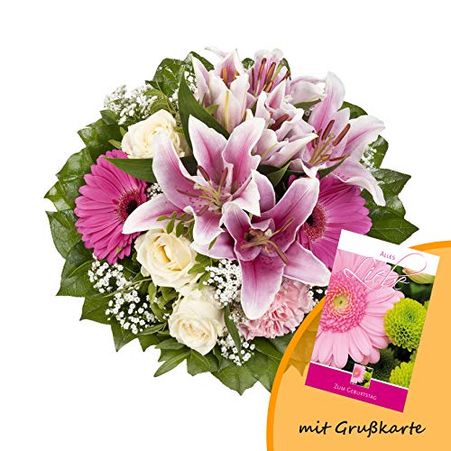 Dominik Blumen und Pflanzen, Blumenstrauß "Laura" mit rosa Lilien, Rosen und Gerbera und Grußkarte "Geburtstag" von Dominik Blumen und Pflanzen