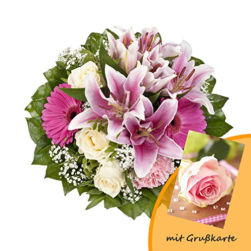 Dominik Blumen und Pflanzen, Blumenstrauß "Laura" mit rosa Lilien, Rosen und Gerbera und Grußkarte "Rosen" von Dominik Blumen und Pflanzen