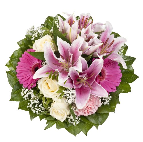 Dominik Blumen und Pflanzen, Blumenstrauß "Laura" mit rosa Lilien, Rosen und Gerbera von Dominik Blumen und Pflanzen