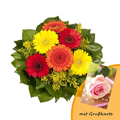 Dominik Blumen und Pflanzen, Blumenstrauß "Marlene" mit bunten Gerbera und Goldrute und Grußkarte "Rosen" von Rapido