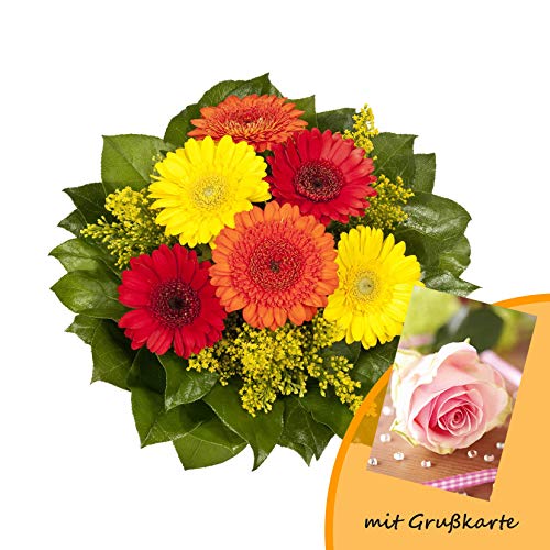 Dominik Blumen und Pflanzen, Blumenstrauß "Marlene" mit bunten Gerbera und Goldrute und Grußkarte "Rosen" von Dominik Blumen und Pflanzen