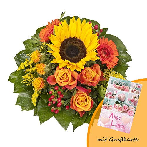 Dominik Blumen und Pflanzen, Blumenstrauß "Sonnenlicht" mit einer Sonnenblume, orangen Rosen, Germini, Färberdistel und Goldrute und Grußkarte "Alles Liebe" von Dominik Blumen und Pflanzen