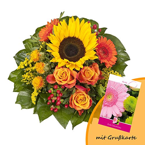 Dominik Blumen und Pflanzen, Blumenstrauß "Sonnenlicht" mit einer Sonnenblume, orangen Rosen, Germini, Färberdistel und Goldrute und Grußkarte "Geburtstag" von Dominik Blumen und Pflanzen