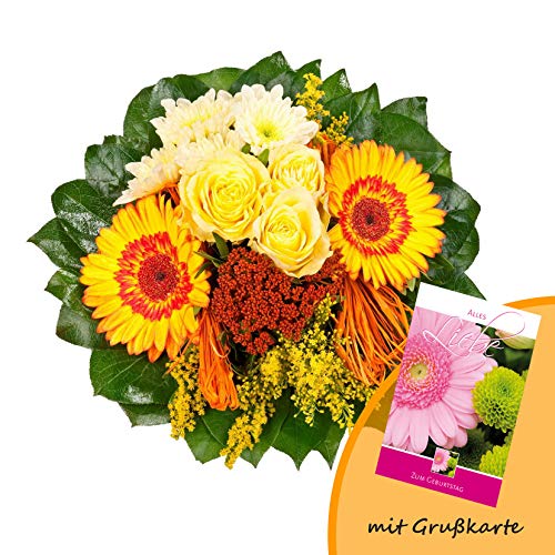 Dominik Blumen und Pflanzen, Blumenstrauß "Sonnenschein" mit gelben Rosen, Chrysantheme, Gerbera, Goldrute und Fetthenne und Grußkarte "Geburtstag" von Dominik Blumen und Pflanzen