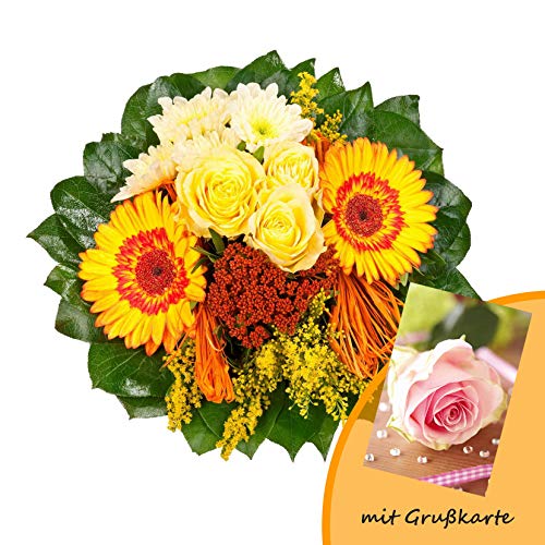 Dominik Blumen und Pflanzen, Blumenstrauß "Sonnenschein" mit gelben Rosen, Chrysantheme, Gerbera, Goldrute und Fetthenne und Grußkarte "Rosen" von Dominik Blumen und Pflanzen