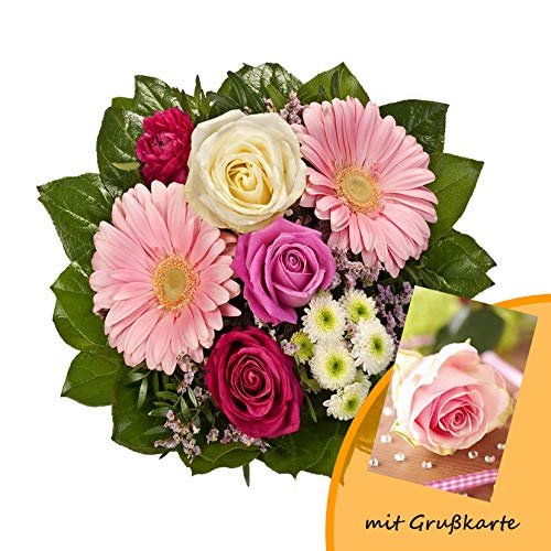 Dominik Blumen und Pflanzen, Blumenstrauß "Tango" aus 3 Rosen, Ranunkel, Chrysantheme und Gerbera und Grußkarte "Rosen" von Rapido