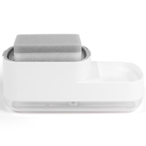 Premium Seifenspender 2-in-1 mit Schwammhalter | 600 ml | Transparenter Behälter | Push-Schaumsystem Sofort | Kompakter Küchen-Organizer (Weiß) von Domínio Metálico