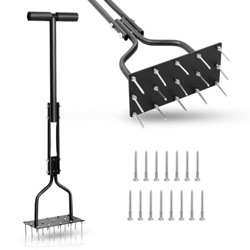 Domisyee Aerifizierer für Rasen - Rasenbelüfter Manual mit 15 Eisenspikes - Handrasenspecht Garten für Verdichteten Boden, Bodenbelüftung und Rasenpflege von Domisyee