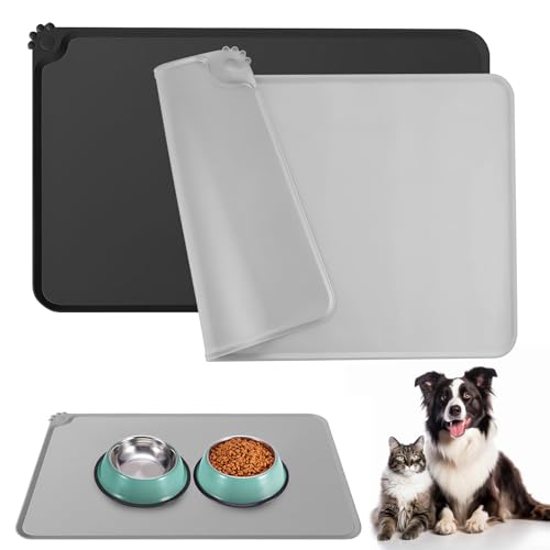 Domkan 2 Napfunterlage Katzen Hund, Hundenapf Unterlage 48x30cm, Silikon rutschfeste Futtermatte Katzen, wasserdichte Katzen Napfunterlage mit Rand, Schwarz und Grau Domkan 2 Napfunterlage Katzen Hund, Hundenapf Unterlage 48x30cm, Silikon rutschfeste Futtermatte Katzen, wasserdichte Katzen Napfunterlage mit Rand, Schwarz und Grau von Domkan