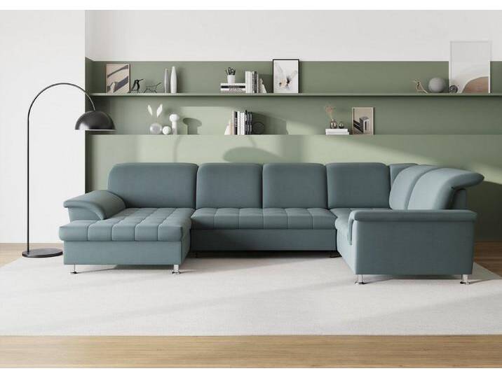DOMO collection Wohnlandschaft Franzi optional mit Bettfunktion, Bettkasten & Kopfteilverstellung, U-Form, Recamiere links, eisblau, B/T: 352/214 cm, blau von Domo-collection
