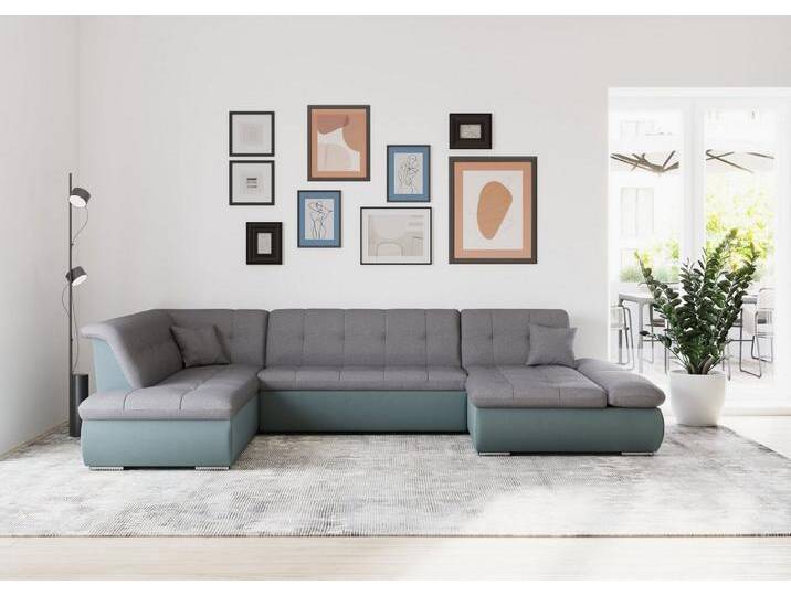 DOMO collection Wohnlandschaft Moric U-Form auch in Cord, im XXL-Format, blau grau, mit Armlehnenverstellung-mit Bettfunktion von Domo-collection