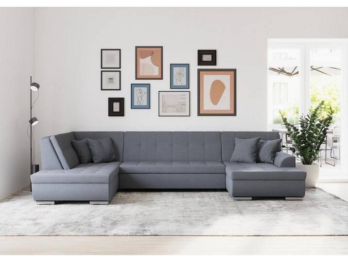 DOMO collection Wohnlandschaft Treviso incl. Zierkissen, moderne Steppung, XXL: B/T/H: 364/201/83 cm, in vielen Bezugsarten auch in Cord U-Form, grau von Domo-collection