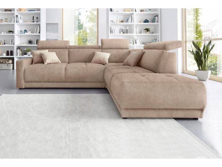 Ecksofa DOMO COLLECTION Ava, moderne Sitzheftung mit toller Doppelnaht, komfortabel, L-Form , beige (natur), B:266cm H:84cm T:99cm, Kunstleder SOFTLUX, Struktur fein (100% Polyester), Zierkissen: Microfaser PRIMABELLE (100% Polyester), Struktur (100% Polyester), Microfaser PRIMABELLE (100% Polyester), Sofas, mit Ottomane, inkl. Federkern, wahlweise mit Kopfteilverstellungen von Domo-collection