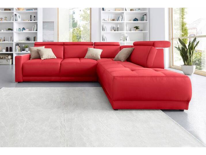 Ecksofa DOMO COLLECTION Ava, moderne Sitzheftung mit toller Doppelnaht, komfortabel, L-Form , rot, B:266cm H:84cm T:99cm, Kunstleder SOFTLUX, Struktur fein (100% Polyester), Zierkissen: Microfaser PRIMABELLE (100% Polyester), Struktur (100% Polyester), Microfaser PRIMABELLE (100% Polyester), Sofas, mit Ottomane, inkl. Federkern, wahlweise mit Kopfteilverstellungen von Domo-collection