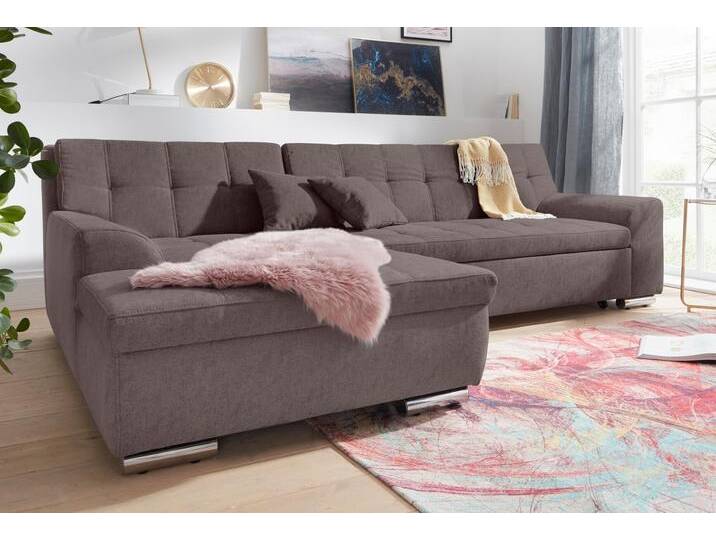 Ecksofa DOMO COLLECTION Aversa, moderne Steppung im Sitz und Rücken, geschwungene Armlehnen , grau (taupe), B:267cm H:83cm T:178cm, Struktur weich (100% Polyester), Luxus-Microfaser (100% Polyester), Struktur (100% Polyester), Sofas, L-Form, wahlweise mit Bettfunktion von Domo-collection