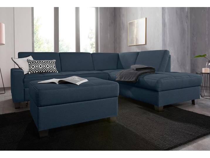 Ecksofa DOMO COLLECTION Florentina zeitlos und elegant, Sitznähte als Designelement, L-Form , blau (dunkelblau), B:243cm H:84cm T:209cm, Struktur fein (100% Polyester);Luxus-Microfaser (100% Polyester);Luxus-Microfaser in Chenille-Optik (100% Polyester);Microvelour (100% Polyester);Webstoff (100% Polyester), Sofas, wahlweise mit Bettfunktion, mit Kontrastnaht, Komfortsitzhöhe 47cm von Domo-collection