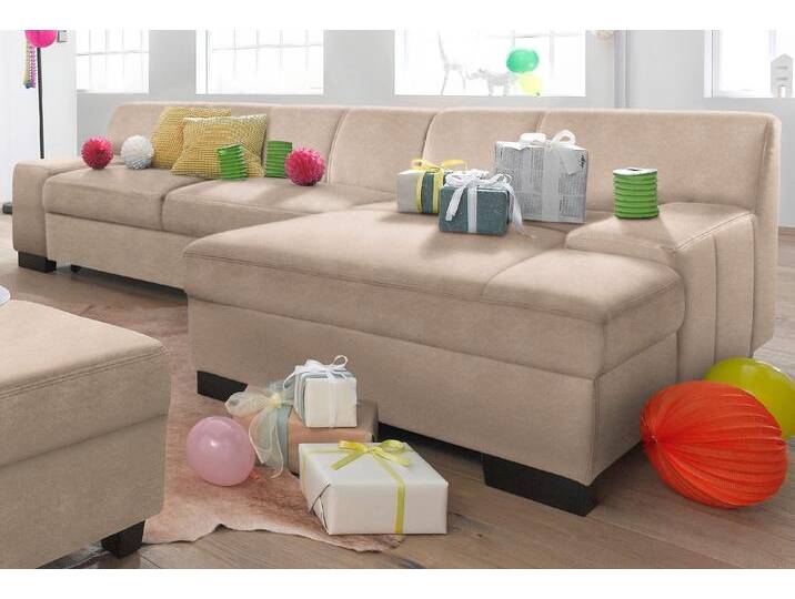 Ecksofa DOMO COLLECTION Norma, elegant und modern, mit flachen Armlehnen, L-Form , beige (natur), B:268cm H:74cm T:153cm, NaturLEDER in Sitz und Rücken. Korpus in passendem Kunstleder SOFTLUX bezogen, Struktur (90% Polyester, 10% Polyacryl), Mosel Struktur (100% Polyester), Kunstleder SOFTLUX, Microfaser-PRIMABELLE (100% Polyester), Sofas, wahlweise mit Bettfunktion von Domo-collection