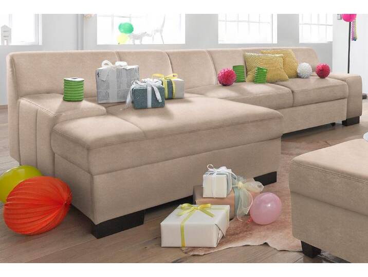 Ecksofa DOMO COLLECTION Norma, elegant und modern, mit flachen Armlehnen, L-Form , beige (natur), B:268cm H:74cm T:153cm, NaturLEDER in Sitz und Rücken. Korpus in passendem Kunstleder SOFTLUX bezogen, Struktur (90% Polyester, 10% Polyacryl), Mosel Struktur (100% Polyester), Kunstleder SOFTLUX, Microfaser-PRIMABELLE (100% Polyester), Sofas, wahlweise mit Bettfunktion von Domo-collection