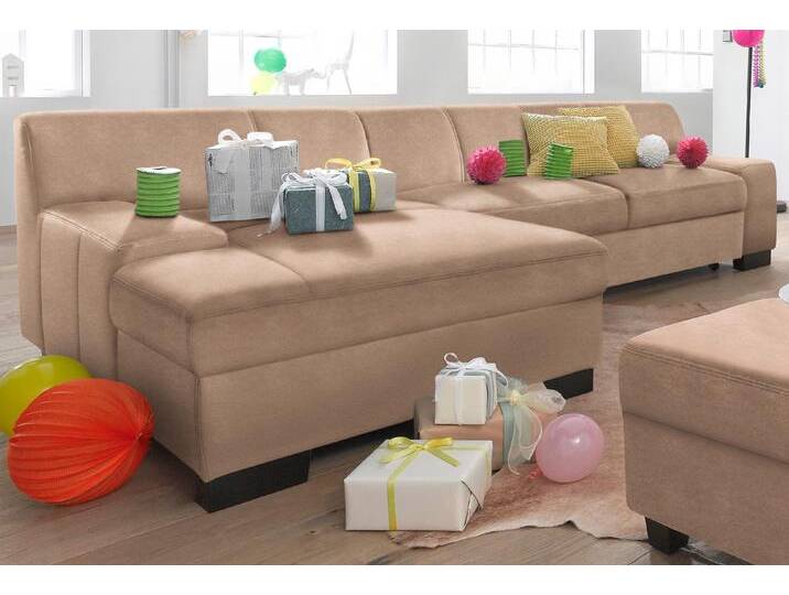Ecksofa DOMO COLLECTION Norma, elegant und modern, mit flachen Armlehnen, L-Form , braun (cafe), B:268cm H:74cm T:153cm, NaturLEDER in Sitz und Rücken. Korpus in passendem Kunstleder SOFTLUX bezogen, Struktur (90% Polyester, 10% Polyacryl), Mosel Struktur (100% Polyester), Kunstleder SOFTLUX, Microfaser-PRIMABELLE (100% Polyester), Sofas, wahlweise mit Bettfunktion von Domo-collection