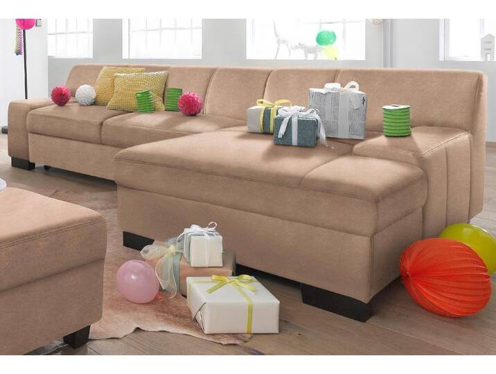 Ecksofa DOMO COLLECTION Norma, elegant und modern, mit flachen Armlehnen, L-Form , braun (cafe), B:268cm H:74cm T:153cm, NaturLEDER in Sitz und Rücken. Korpus in passendem Kunstleder SOFTLUX bezogen, Struktur (90% Polyester, 10% Polyacryl), Mosel Struktur (100% Polyester), Kunstleder SOFTLUX, Microfaser-PRIMABELLE (100% Polyester), Sofas, wahlweise mit Bettfunktion von Domo-collection