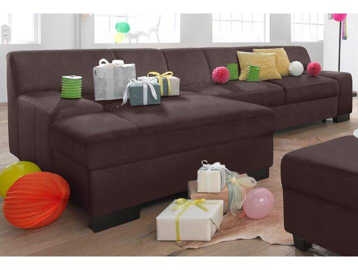 Ecksofa DOMO COLLECTION Norma, elegant und modern, mit flachen Armlehnen, L-Form , braun (mokka), B:268cm H:74cm T:153cm, NaturLEDER in Sitz und Rücken. Korpus in passendem Kunstleder SOFTLUX bezogen, Struktur (90% Polyester, 10% Polyacryl), Mosel Struktur (100% Polyester), Kunstleder SOFTLUX, Microfaser-PRIMABELLE (100% Polyester), Sofas, wahlweise mit Bettfunktion von Domo-collection