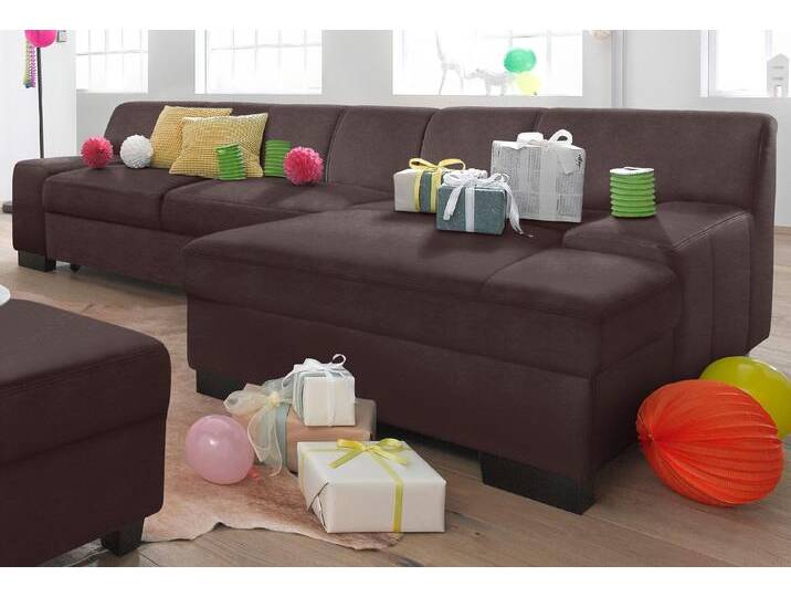 Ecksofa DOMO COLLECTION Norma, elegant und modern, mit flachen Armlehnen, L-Form , braun (mokka), B:268cm H:74cm T:153cm, NaturLEDER in Sitz und Rücken. Korpus in passendem Kunstleder SOFTLUX bezogen, Struktur (90% Polyester, 10% Polyacryl), Mosel Struktur (100% Polyester), Kunstleder SOFTLUX, Microfaser-PRIMABELLE (100% Polyester), Sofas, wahlweise mit Bettfunktion von Domo-collection