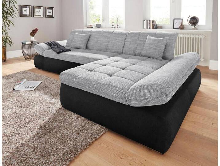 Ecksofa DOMO COLLECTION PB Moric wahlweise mit Bettfunktion + Armteilverstellung, L-Form , silber (schwarz, silber), B:300cm H:80cm T:172cm, Kunstleder SOFTLUX / Struktur (90% Polyester, 10% Polyacryl), Zierkissen: Struktur (90% Polyester, 10% Polyacryl), Microfaser PRIMABELLE (100% Polyester) / Struktur (90% Polyester, 10% Polyacryl), Sofas, im XXL-Format, B/T/H:300/172/80 cm, feine Steppung von Domo-collection