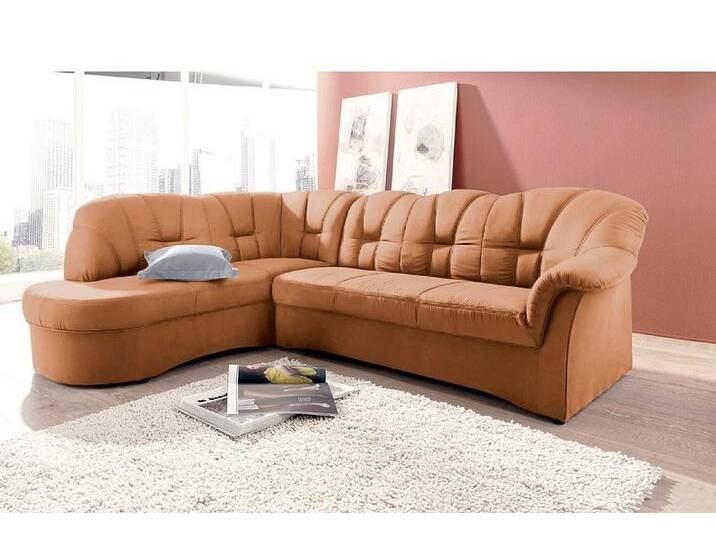 Ecksofa DOMO COLLECTION Papenburg, zeitlose Rückensteppung, elegante Armlehne, L-Form , orange (pfirsich), B:241cm H:84cm T:178cm, Kunstleder SOFTLUX;Luxus-Microfaser (100% Polyester);Struktur ( 90% Polyester, 10% Polyacryl);Microfaser PRIMABELLE (100% Polyester), Sofas, mit Ottomane, wahlweise mit Bettfunktion von Domo-collection