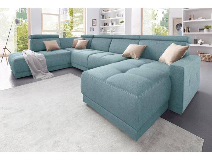 Wohnlandschaft DOMO COLLECTION Ava moderne Sitzheftung mit toller Doppelnaht, komfortabel, U-Form , blau (aqua), B:351cm H:84cm T:222cm, Zierkissen: Microfaser PRIMABELLE (100% Polyester), Struktur (100% Polyester), Microfaser PRIMABELLE (100% Polyester), Kunstleder SOFTLUX, Struktur fein (100% Polyester), Sofas, mit Federkern, wahlweise mit Kopfteilverstellungen von Domo-collection