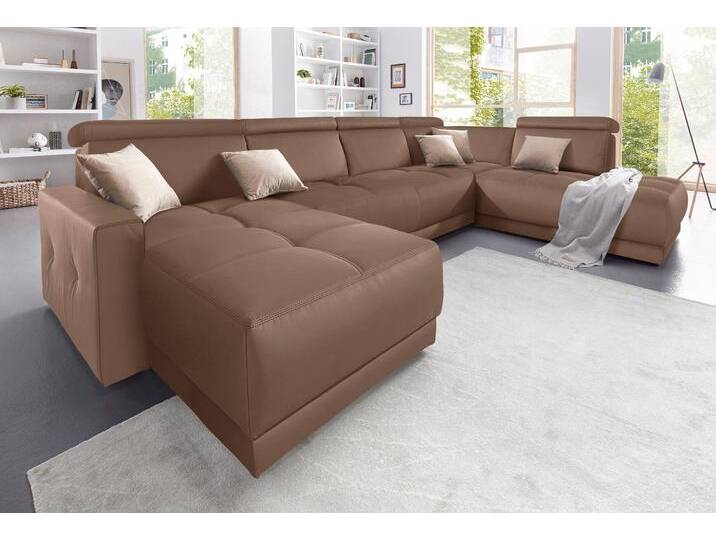Wohnlandschaft DOMO COLLECTION Ava moderne Sitzheftung mit toller Doppelnaht, komfortabel, U-Form , braun (espresso), B:351cm H:84cm T:222cm, Zierkissen: Microfaser PRIMABELLE (100% Polyester), Struktur (100% Polyester), Microfaser PRIMABELLE (100% Polyester), Kunstleder SOFTLUX, Struktur fein (100% Polyester), Sofas, mit Federkern, wahlweise mit Kopfteilverstellungen von Domo-collection