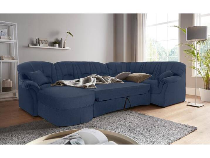 Wohnlandschaft DOMO COLLECTION Bahia mit viel Platz, zeitloses Design, U-Form , blau (dunkelblau), B:308cm H:91cm T:200cm, Luxus-Microfaser (100% Polyester), mit Muster, Struktur (100% Polyester), Sofas, wahlweise mit Bettfunktion von Domo-collection