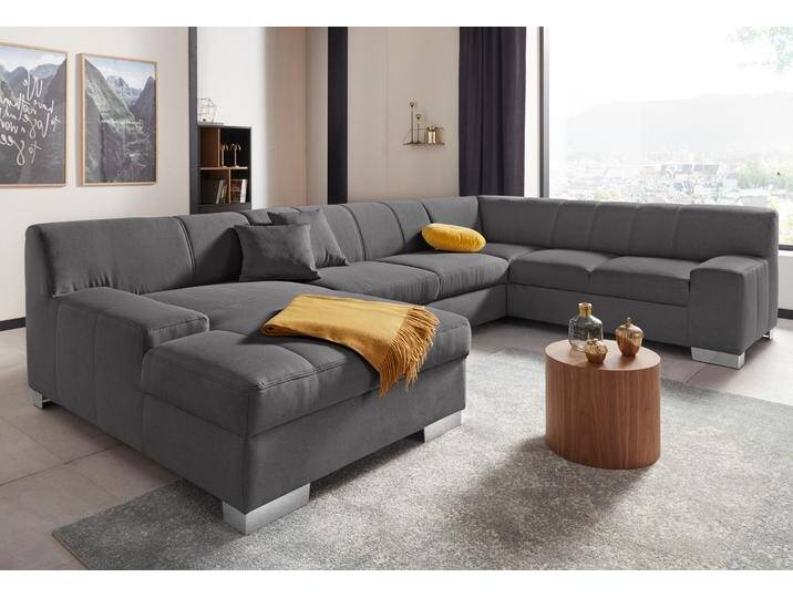 Wohnlandschaft DOMO COLLECTION Bero, elegant und zeitlos, flache Armlehnen, U-Form , schwarz (pepper), B:328cm H:74cm T:212cm, Feinstruktur (100% Polyester), Luxus-Microfaser (100% Polyester), Zierkissen: Im jeweiligen Bezugsstoff, Struktur fein (100% Polyester), Sofas, fester Sitzkomfort, wahlweise mit Bettfunktion von Domo-collection