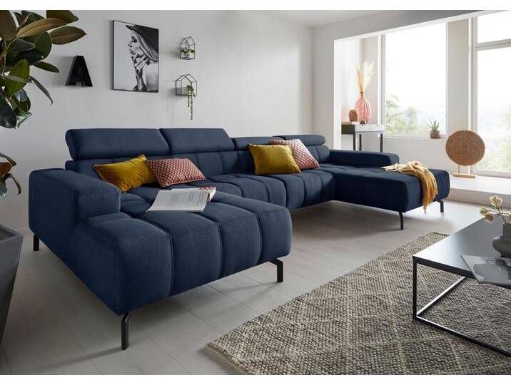 Wohnlandschaft DOMO COLLECTION Cunelli tolle Sitznähte als Designelement, fester Sitzkomfort, U-Form , blau (dunkelblau), B:376cm H:79cm T:175cm, Sofas, wahlweise mit Kopfteilverstellung, bodenfrei von Domo-collection