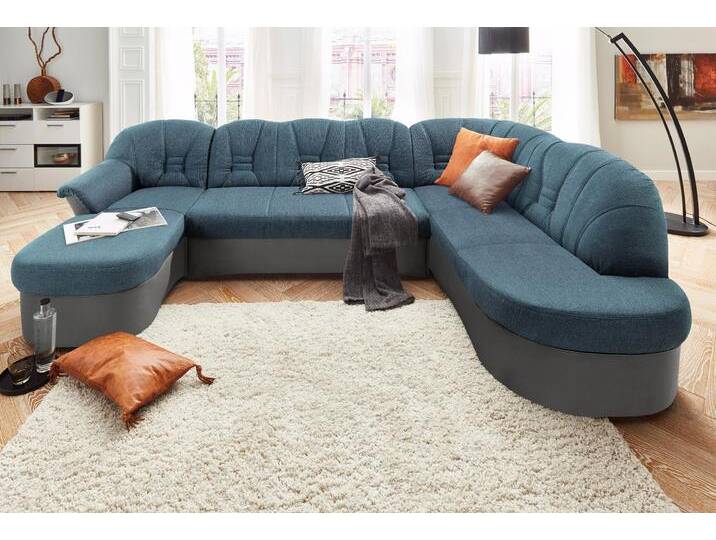 Wohnlandschaft DOMO COLLECTION Elva U-Form , grau (dunkelgrau, petrol), B:293cm H:84cm T:82cm, (geprägte) Luxus-Microfaser (100% Polyester), Kunstleder SOFTLUX / Struktur (100% Polyester), Microfaser PRIMABELLE (100% Polyester), Sofas, wahlweise mit Bettfunktion und Federkern von Domo-collection