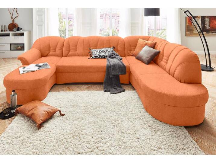 Wohnlandschaft DOMO COLLECTION Elva, zeitlose Formensprache, elegante Rückensteppung, U-Form , orange (terrakotta), B:293cm H:84cm T:82cm, (geprägte) Luxus-Microfaser (100% Polyester), Kunstleder SOFTLUX / Struktur (100% Polyester), Microfaser PRIMABELLE (100% Polyester), Sofas, wahlweise mit Bettfunktion und Federkern von Domo-collection