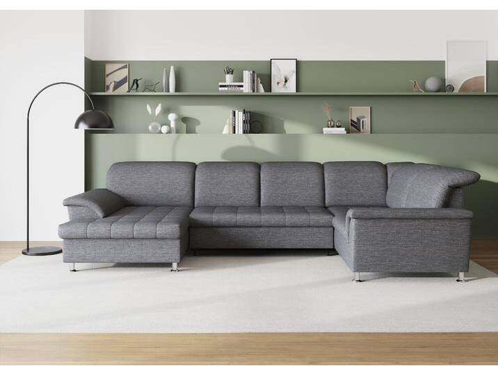 Wohnlandschaft DOMO COLLECTION Franzi optional mit Bettfunktion, Bettkasten & Kopfteilverstellung , grau (weiß, grau), B:352cm H:81cm T:214cm, Flachgewebe (100% Polyester);Chenille (100% Polyester), Sofas, U-Form, Recamiere links, weiß-grau, B/T: 352/214 cm von Domo-collection