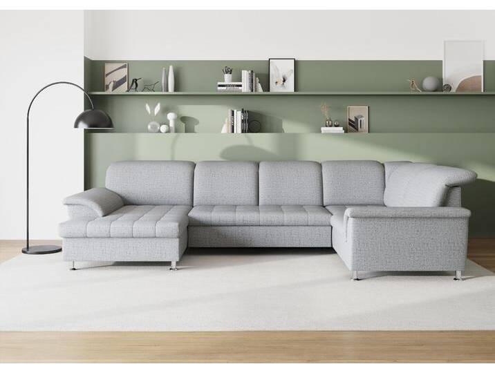 Wohnlandschaft DOMO COLLECTION Franzi optional mit Bettfunktion, Bettkasten & Kopfteilverstellung , silber, B:344cm H:81cm T:206cm, Flachgewebe (100% Polyester);Chenille (100% Polyester), Sofas, U-Form, Recamiere links, silber, B/T: 344/206 cm von Domo-collection