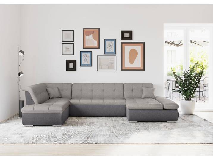 Wohnlandschaft DOMO COLLECTION Moric U-Form auch in Cord , grau (grau, silber), B:353cm H:80cm T:95cm, Microfaser PRIMABELLE / Struktur (90% Polyester/ 10% Polyacryl), Kunstleder SOFTLUX / Struktur (90% Polyester/ 10% Polyacryl), Sofas, im XXL-Format, wahlweise mit Bettfunktion und Armlehnenverstellung von Domo-collection