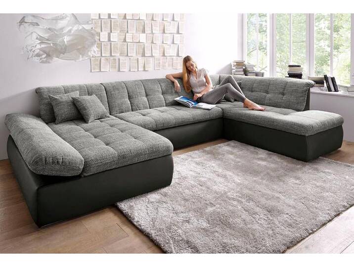 Wohnlandschaft DOMO COLLECTION Moric U-Form auch in Cord , grau (schwarz, weiß, grau), B:353cm H:80cm T:95cm, Microfaser PRIMABELLE / Struktur (90% Polyester/ 10% Polyacryl), Kunstleder SOFTLUX / Struktur (90% Polyester/ 10% Polyacryl), Sofas, im XXL-Format, wahlweise mit Bettfunktion und Armlehnenverstellung von Domo-collection