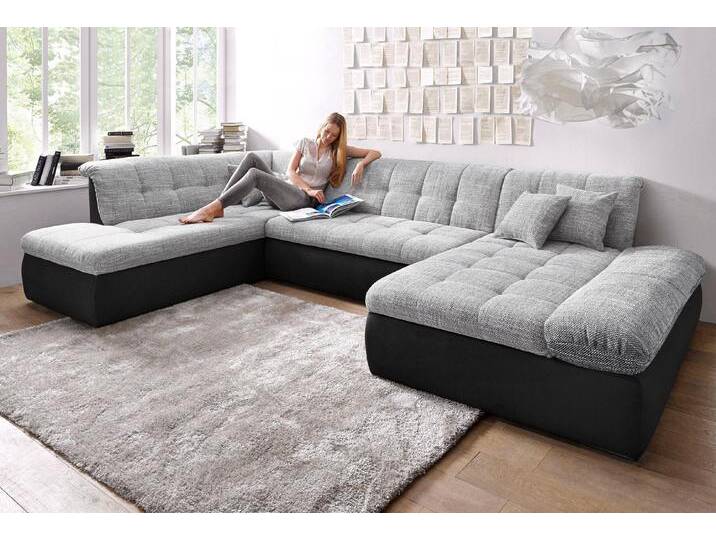 Wohnlandschaft DOMO COLLECTION Moric U-Form auch in Cord , silber (schwarz, silber), B:353cm H:80cm T:95cm, Microfaser PRIMABELLE / Struktur (90% Polyester/ 10% Polyacryl), Kunstleder SOFTLUX / Struktur (90% Polyester/ 10% Polyacryl), Sofas, im XXL-Format, wahlweise mit Bettfunktion und Armlehnenverstellung von Domo-collection