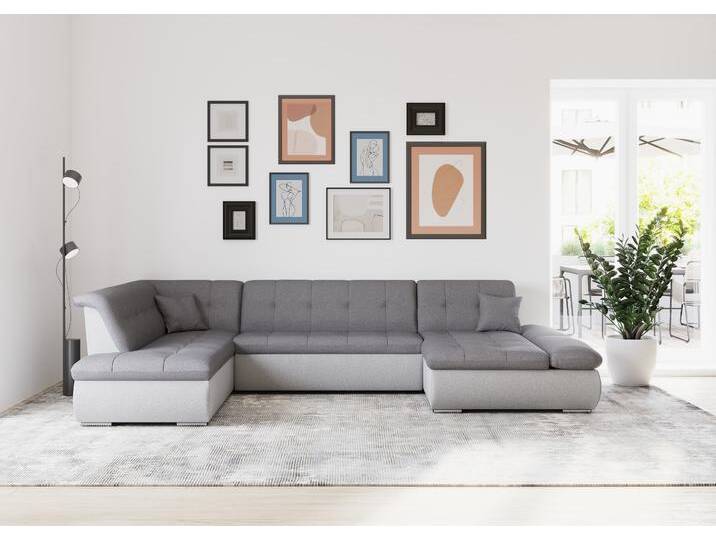 Wohnlandschaft DOMO COLLECTION Moric U-Form auch in Cord , silber (silber, grau), B:353cm H:80cm T:95cm, Microfaser PRIMABELLE / Struktur (90% Polyester/ 10% Polyacryl), Kunstleder SOFTLUX / Struktur (90% Polyester/ 10% Polyacryl), Sofas, im XXL-Format, wahlweise mit Bettfunktion und Armlehnenverstellung von Domo-collection
