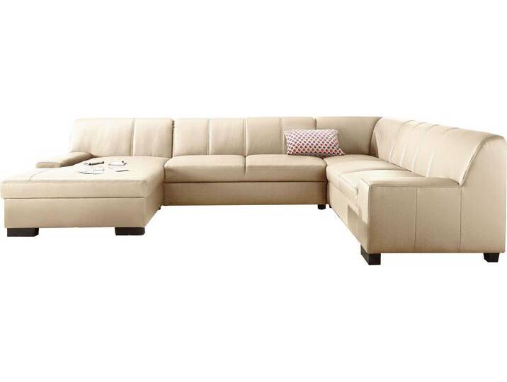 Wohnlandschaft DOMO COLLECTION Norma Top, elegant und modern, flache Armlehnen, komfortabel, U-Form , beige (creme), B:328cm H:77cm T:90cm, Kunstleder SOFTLUX, Struktur (90% Polyester, 10% Polyacryl), NaturLEDER (handschuhweiches Rindsleder) im Sitz und Rücken - Korpus in farblich passendem Kunstleder SOFTLUX, Sofas, wahlweise mit Bettfunktion, mit viel Platz von Domo-collection