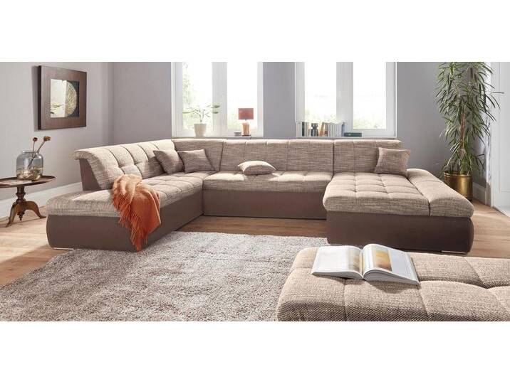Wohnlandschaft DOMO COLLECTION PB Moric wahlweise mit Bettfunktion und Armteilverstellung U-Form , braun (espresso, beige, braun, braun), B:353cm H:80cm T:95cm, Zierkissen: Struktur (90% Polyester, 10% Polyacryl), Microfaser PRIMABELLE (100% Polyester) / Struktur (90% Polyester, 10% Polyacryl), Kunstleder SOFTLUX / Struktur (90% Polyester, 10% Polyacryl), Sofas, XXL-Format B/T/H: 353/216/80 cm, feine Steppung, incl. Zierkissen von Domo-collection
